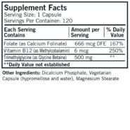 Alternative view of TMG (Trimethylglycine) 500 mg w/Folinic Acid & B-12 Capsules - Hypo 120 ct