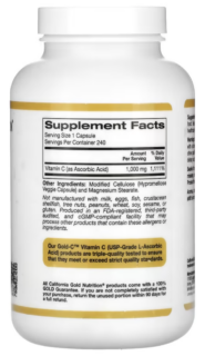 Alternative view of California Gold Nutrition, Gold C, USP Grade Vitamin C, 1,000 mg, 240 Veggie Capsules