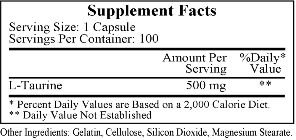 Taurine (500mg) - 100 capsules - Image 3