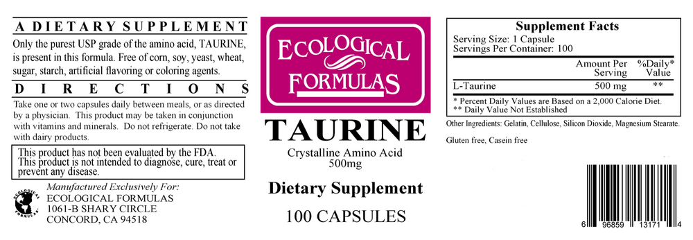 Taurine (500mg) - 100 capsules - Image 2